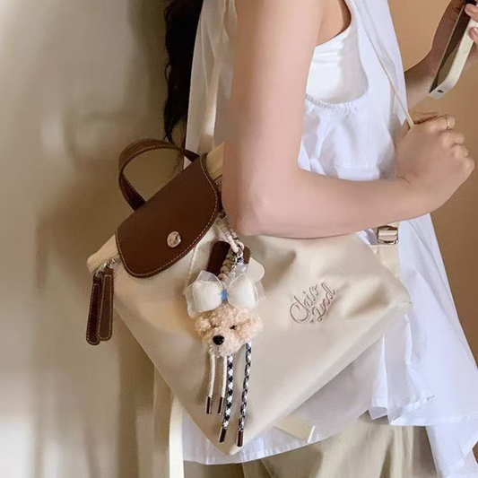 Balo Nữ Nắp Gập Da Phối Charm Gấu