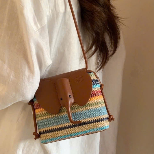 Túi Xách Cói Phối Da Hoạ Tiết Chú Voi