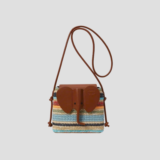 Túi Xách Cói Phối Da Hoạ Tiết Chú Voi