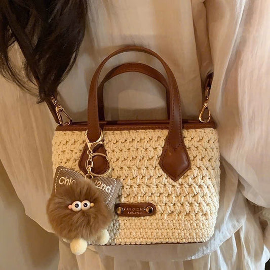 Túi Xách Lưới Vải Quai Da Phối Charm