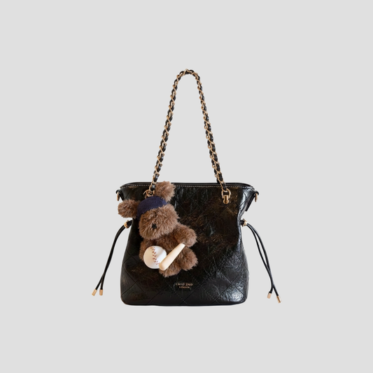 Túi Xách Nữ Da Ô Chỉ Nổi Phối Charm Gấu