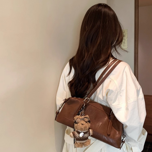 Túi Xách Nữ Hộp Kiểu Da Nhám Phối Charm Gấu