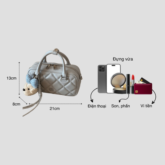 Túi Xách Nữ Hộp Ô Trám Phối Charm Gấu Nơ